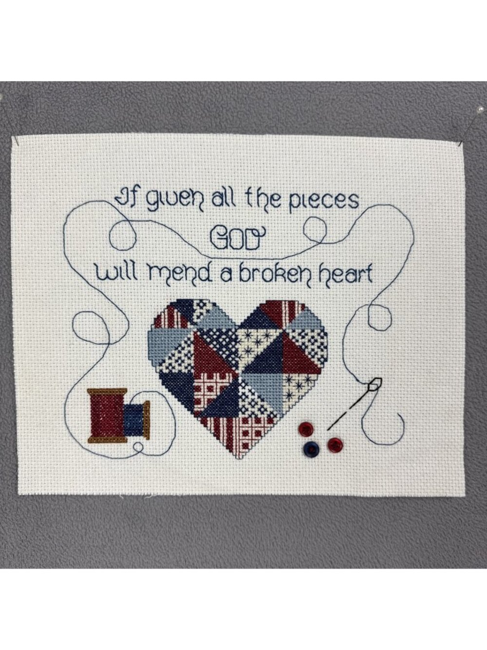2001 Patchwork Heart Cross Stitch Complete God red white blue NO FRAME 10"x7.75"